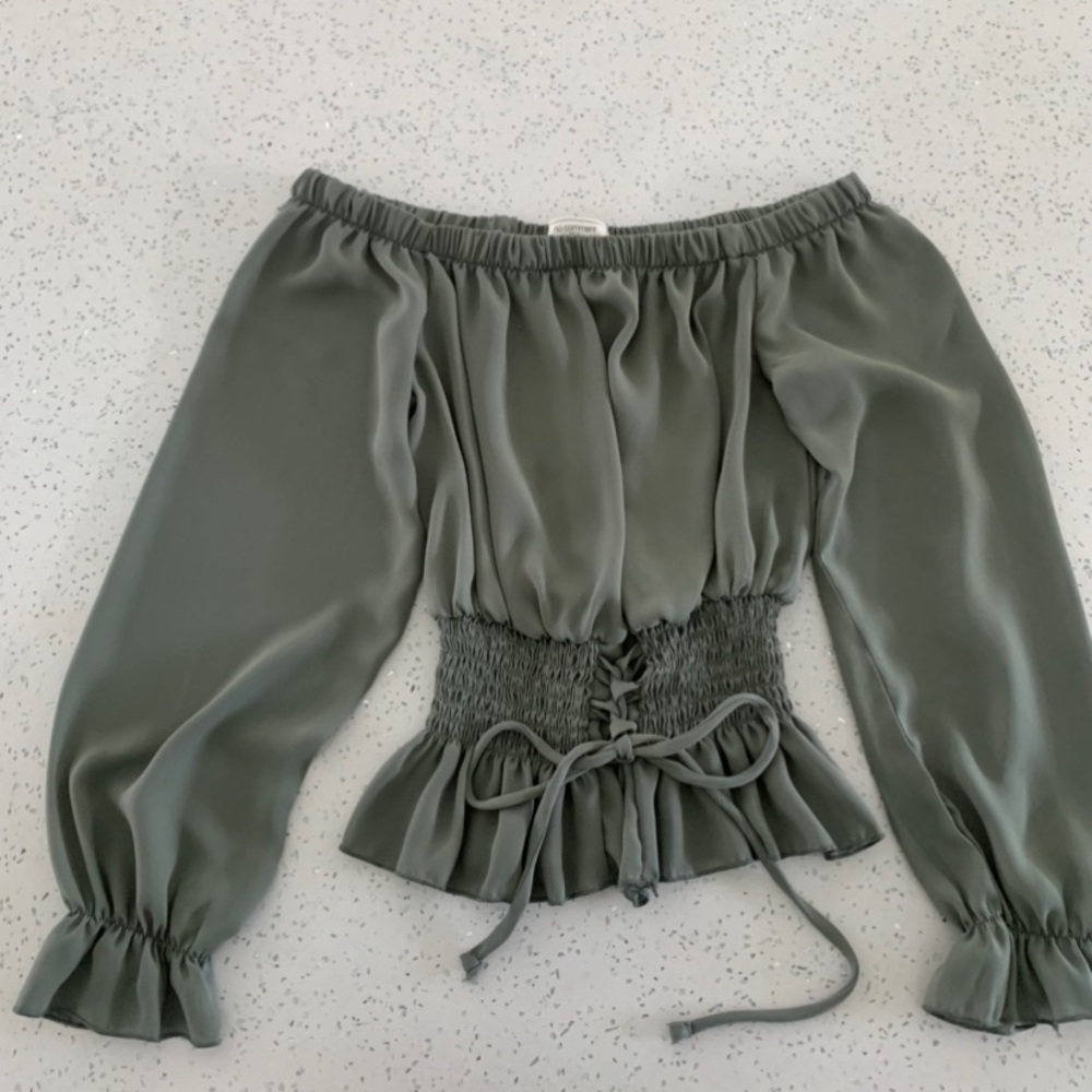 Olive Green Off the Shoulder Flowy Corest Long Sleeve Blouse